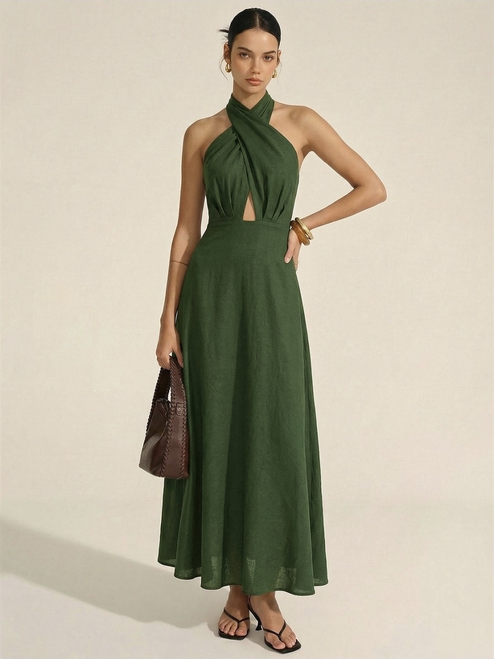 Commense Dark Green Twist-Halter Midi Dress